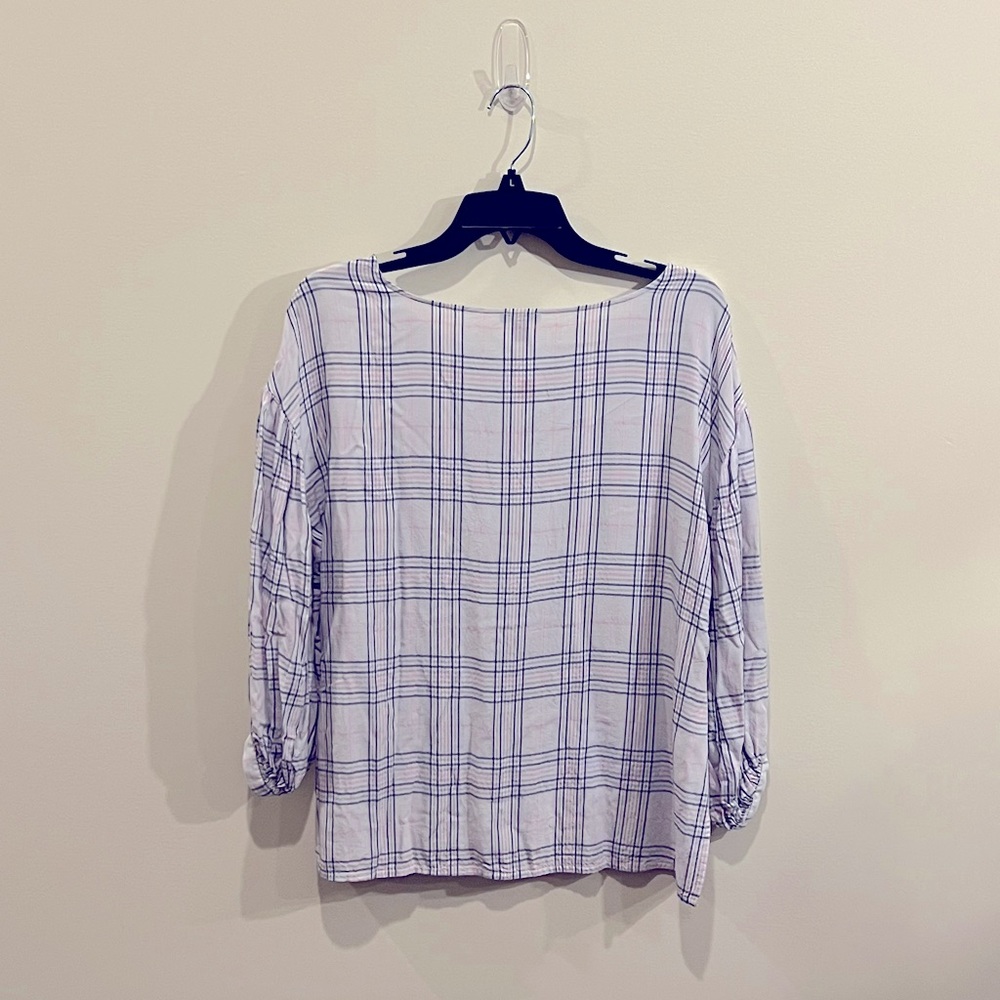Ann Taylor - Summer Pastel Plaid 3/4 Sleeve Smocked Cuffs Lightweight Top